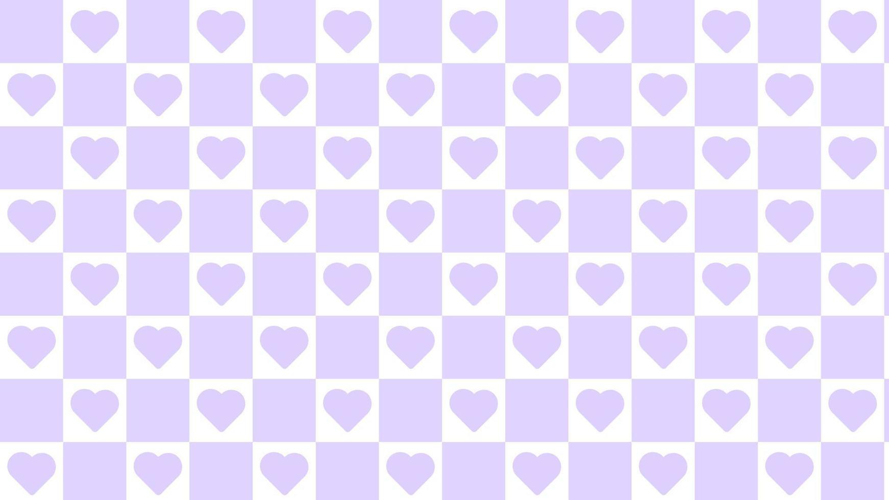 cute pastel purple and white checkers, gingham, plaid, checkerboard with cute little heart background illustration, perfect for banner, wallpaper, backdrop, postcard, background vector