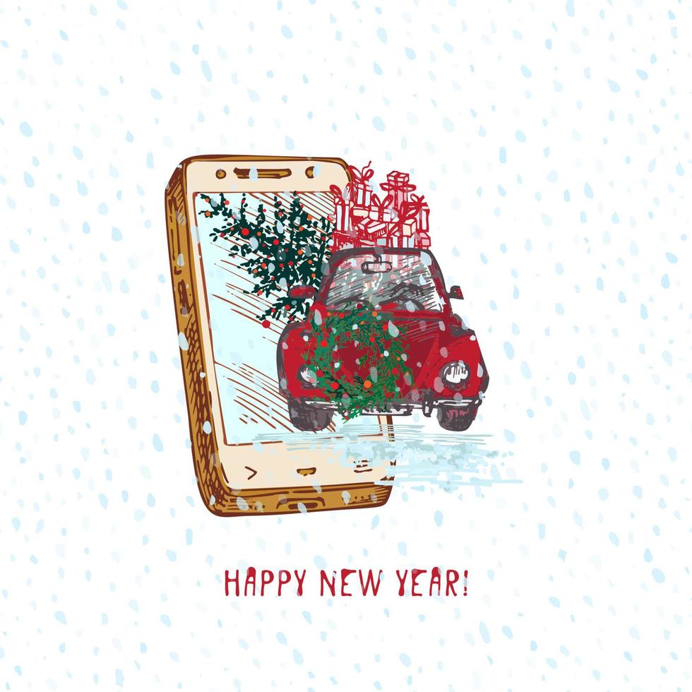 Festive Christmas, New year concept holiday delivery. Hand drawn smartphone and red car with fir tree decorated red balls and gifts on snowy background Text Happy new year Vector illustrations