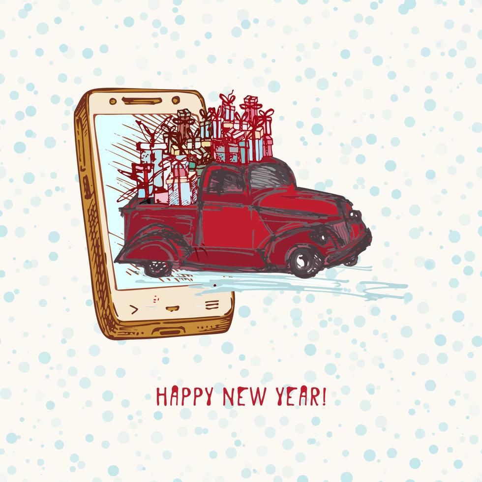 Festive Christmas, New year concept holiday delivery. Hand drawn smartphone and red car with fir tree decorated red balls and gifts on snowy background Text Happy new year Vector illustrations