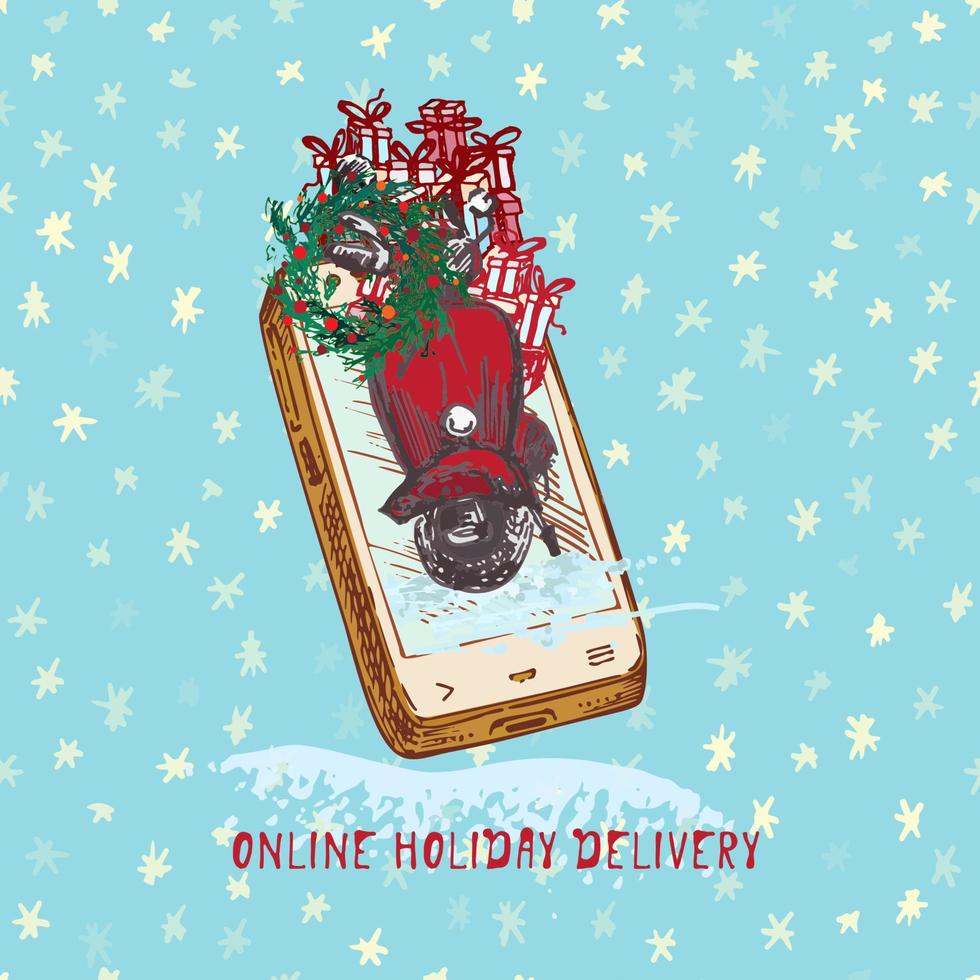 Festive Christmas, New year concept holiday delivery Hand drawn smartphone, red scooter, fir wreath, red balls and gifts on snowy background Text Online holiday delivery Vector illustrations