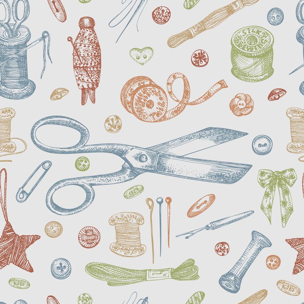 Seamless pattern with hand-drawn vintage sewing tools. Scissors, buttons, threads, needles, pins, spools, tailor meter, lace. Sketch engraving style. Retro digital paper, old fabric design Vector