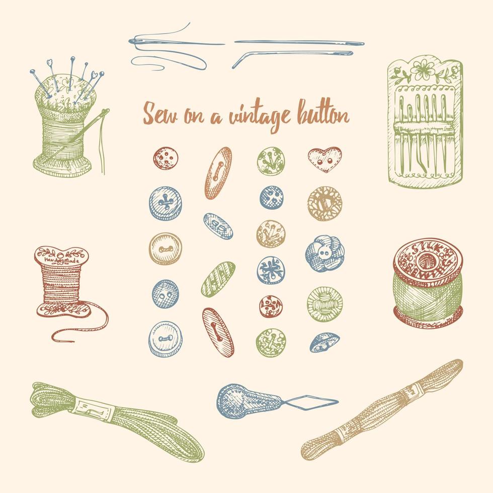 Set of hand-drawn vintage sewing tools. Buttons, Needles, silk thread, threads for embroidery, needle pad, spools Sketch engraving style. Elements for logos, icons isolated on beige background. Vector