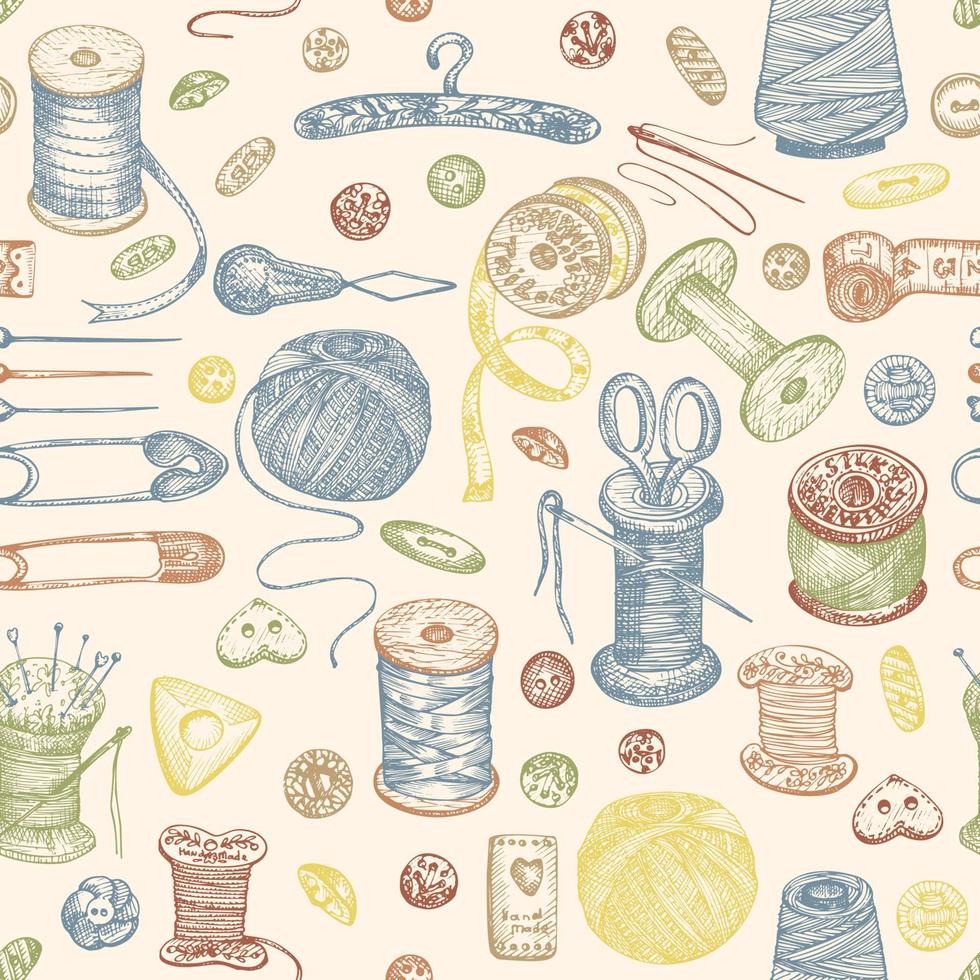 Seamless pattern with hand-drawn vintage sewing tools. Buttons, threads, needles, pins, spools. Sketch engraving style. Retro digital paper, old fabric design Vector