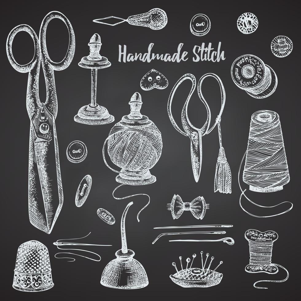 Set of hand-drawn chalk vintage sewing tools. Sew machine, Needle, scissors, mannequin, buttons, tailor meter. Sketch engraving style. Logos, icons elements isolated on chalkboard background. Vector