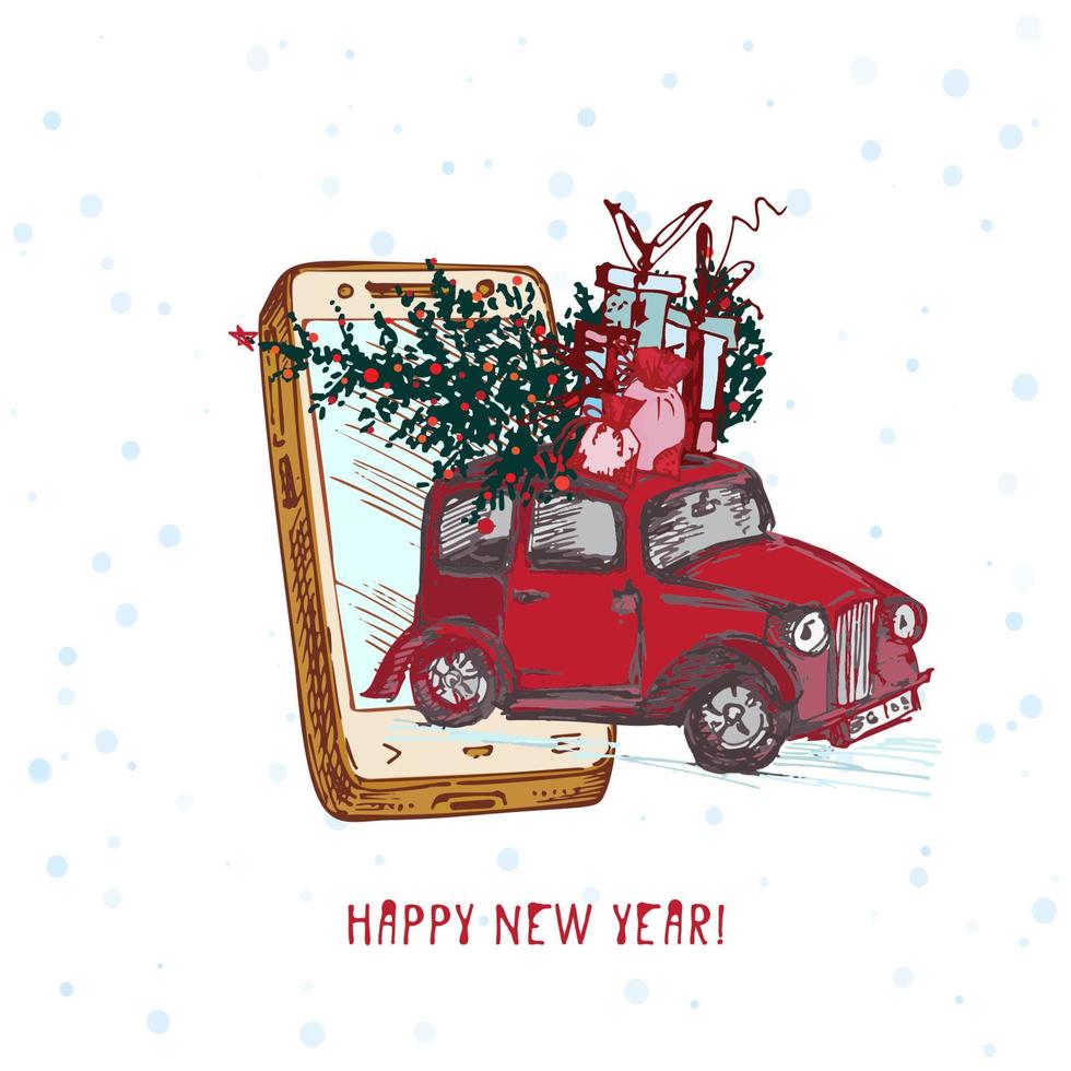 Festive Christmas, New year concept holiday delivery. Hand drawn smartphone and red car with fir tree decorated red balls and gifts on snowy background Text Happy new year Vector illustrations
