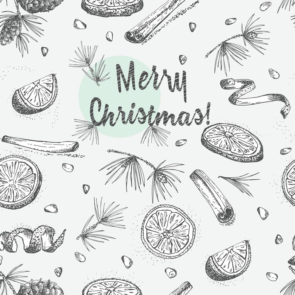 Seamless pattern with hand drawn Christmas winter spices, glasses of traditionally hot winter drinks and wine bottle. Good idea for templates menu, recipes, greeting cards . Vector illustration