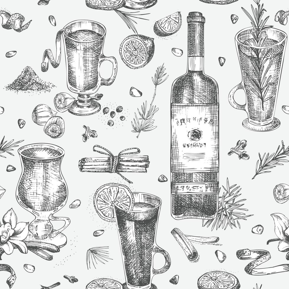 Seamless pattern with hand drawn Christmas winter spices, glasses of traditionally hot winter drinks and wine bottle. Good idea for templates menu, recipes, greeting cards . Vector illustration