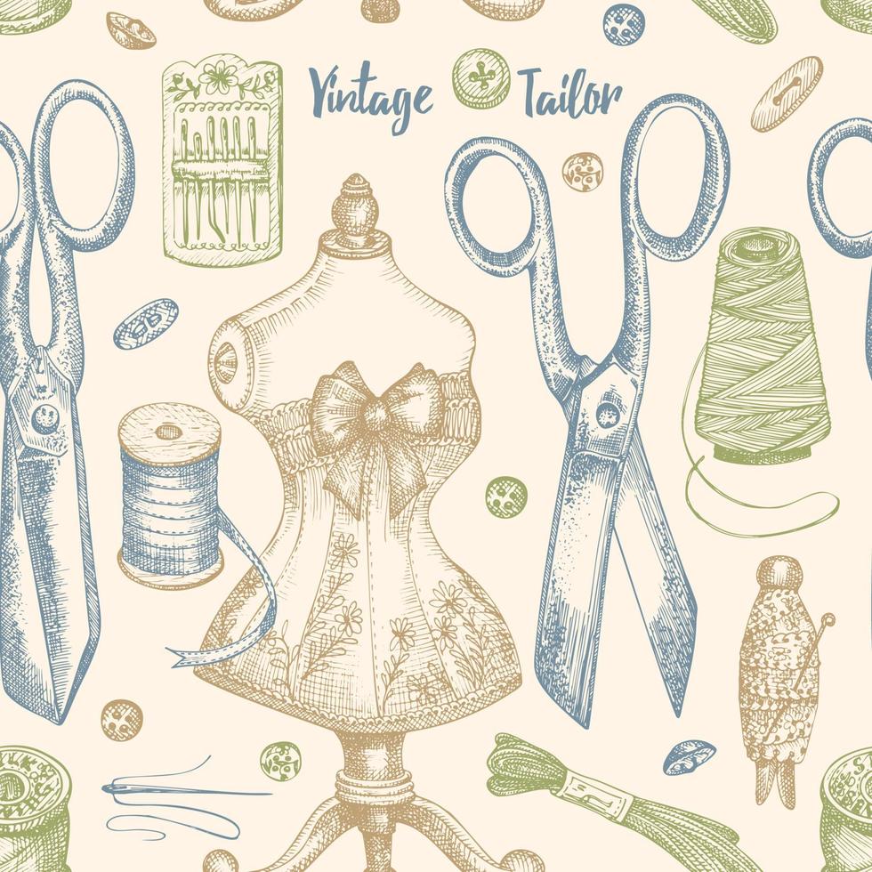 Seamless pattern with hand-drawn vintage sewing tools. Scissors ...