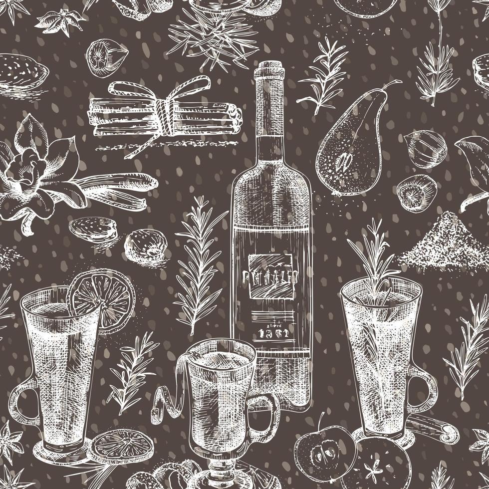 Seamless pattern with hand drawn Christmas winter spices, glasses of traditionally hot winter drinks and wine bottle. Chalk board style art illustration vector