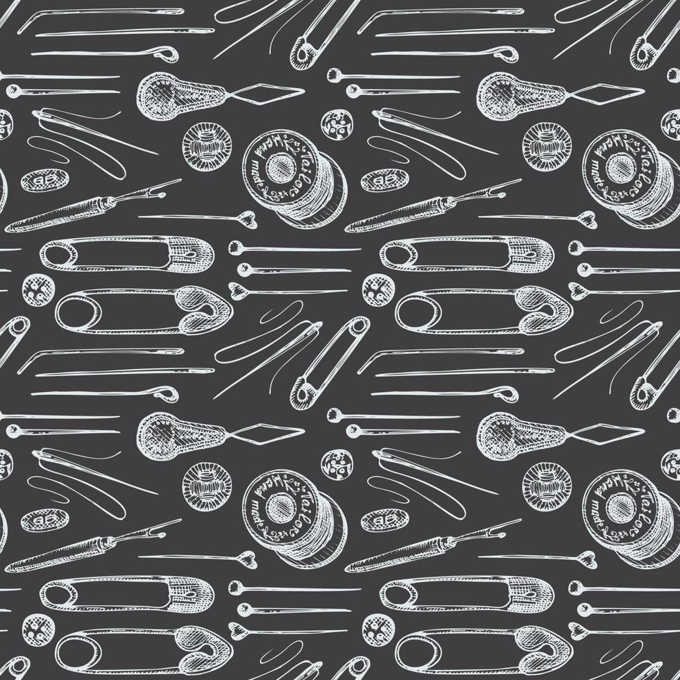 Seamless pattern with chalk hand-drawn vintage sewing tools on chalkboard. Buttons, threads, needles, pins, spools. Sketch engraving style. Retro digital paper, old fabric design Vector