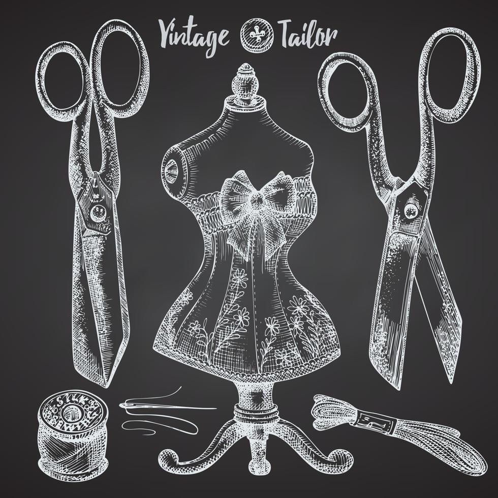 Set of hand-drawn chalk vintage sewing tools. Sew machine, Needle, scissors, mannequin, buttons, tailor meter. Sketch engraving style. Logos, icons elements isolated on chalkboard background. Vector