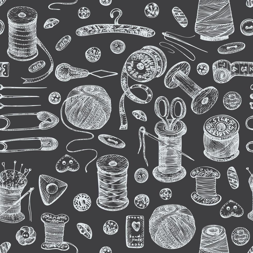 Seamless pattern with chalk hand-drawn vintage sewing tools on chalkboard. Buttons, threads, needles, pins, spools. Sketch engraving style. Retro digital paper, old fabric design Vector