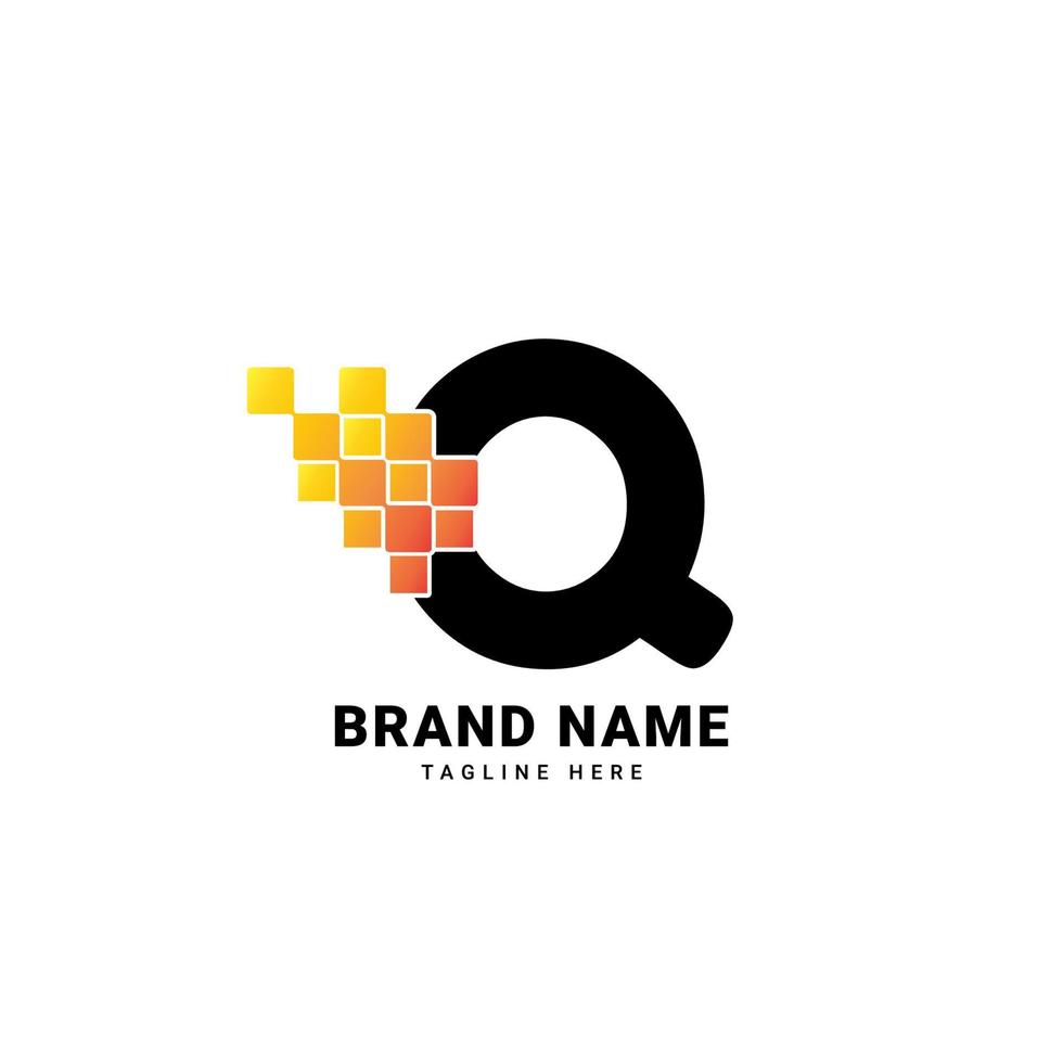 diseño de logotipo de vector de tecnología de degradado moderno de píxeles digitales de letra q