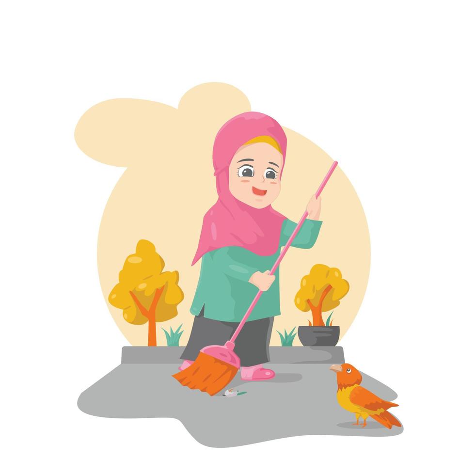 cute little girl cleaning the house in the afternoon vector