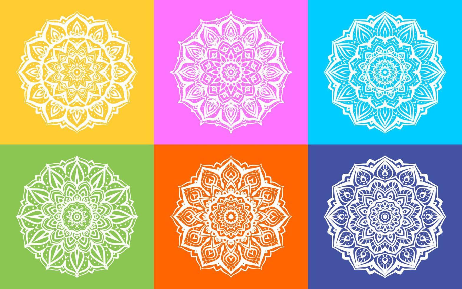 set of white mandala art round decorative texture design with multicolor background vector