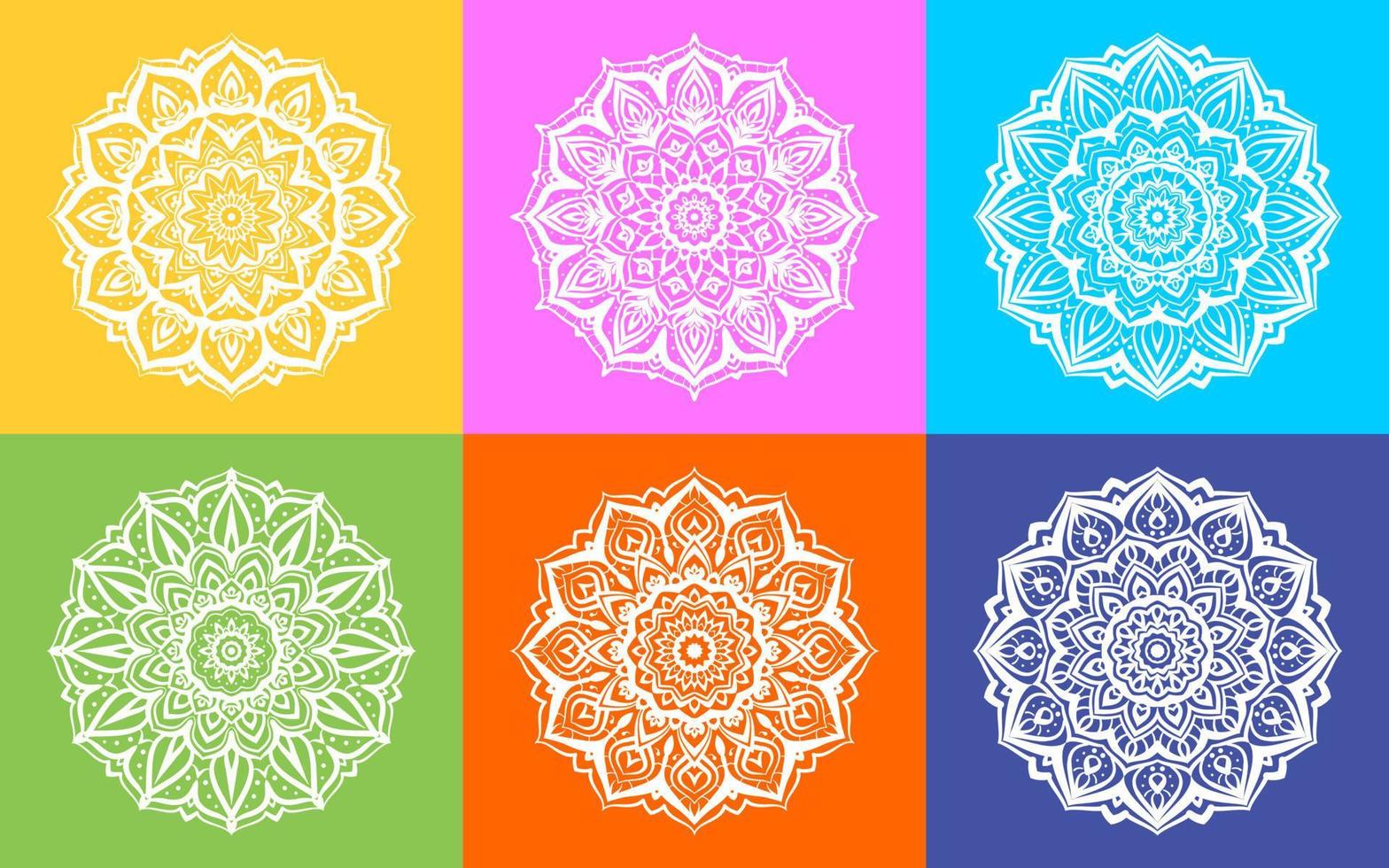 set of white mandala art round decorative texture design with multicolor background vector