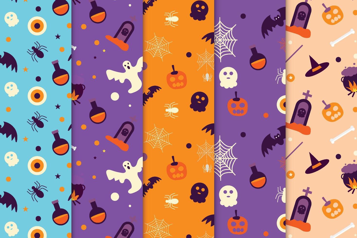 colección de patrones sin fisuras de halloween sobre fondos morados y naranjas. paquete abstracto de patrones de halloween para portadas de libros y fondos de pantalla. patrón de halloween con fantasmas y elementos de brujería. vector