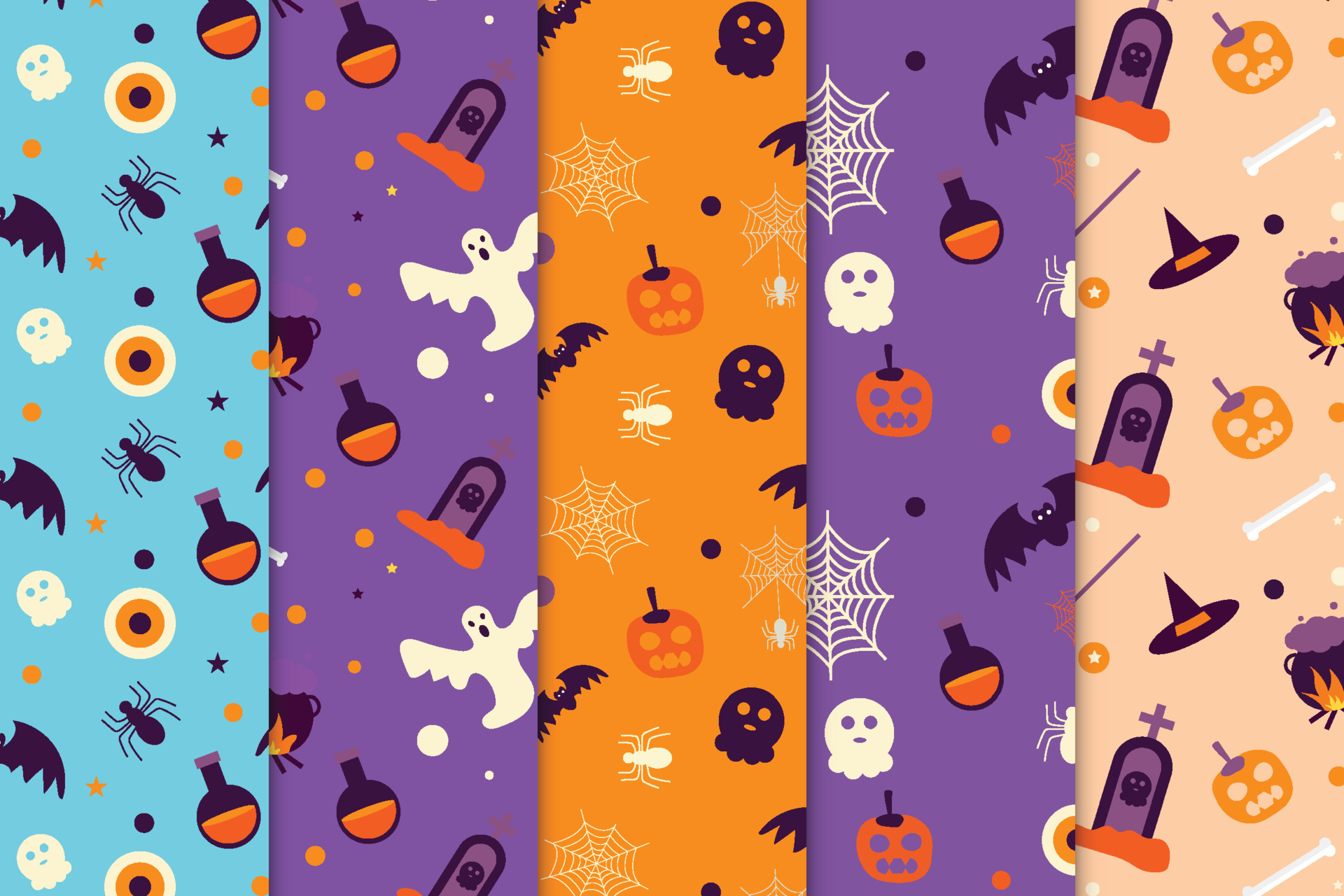 colección de patrones sin fisuras de halloween sobre fondos morados y naranjas. paquete abstracto de patrones de halloween para portadas de libros y fondos de pantalla. patrón de halloween con fantasmas y colección de patrones sin fisuras de halloween sobre fondos morados y naranjas. paquete abstracto de patrones de halloween para portadas de libros y fondos de pantalla. patrón de halloween con fantasmas y