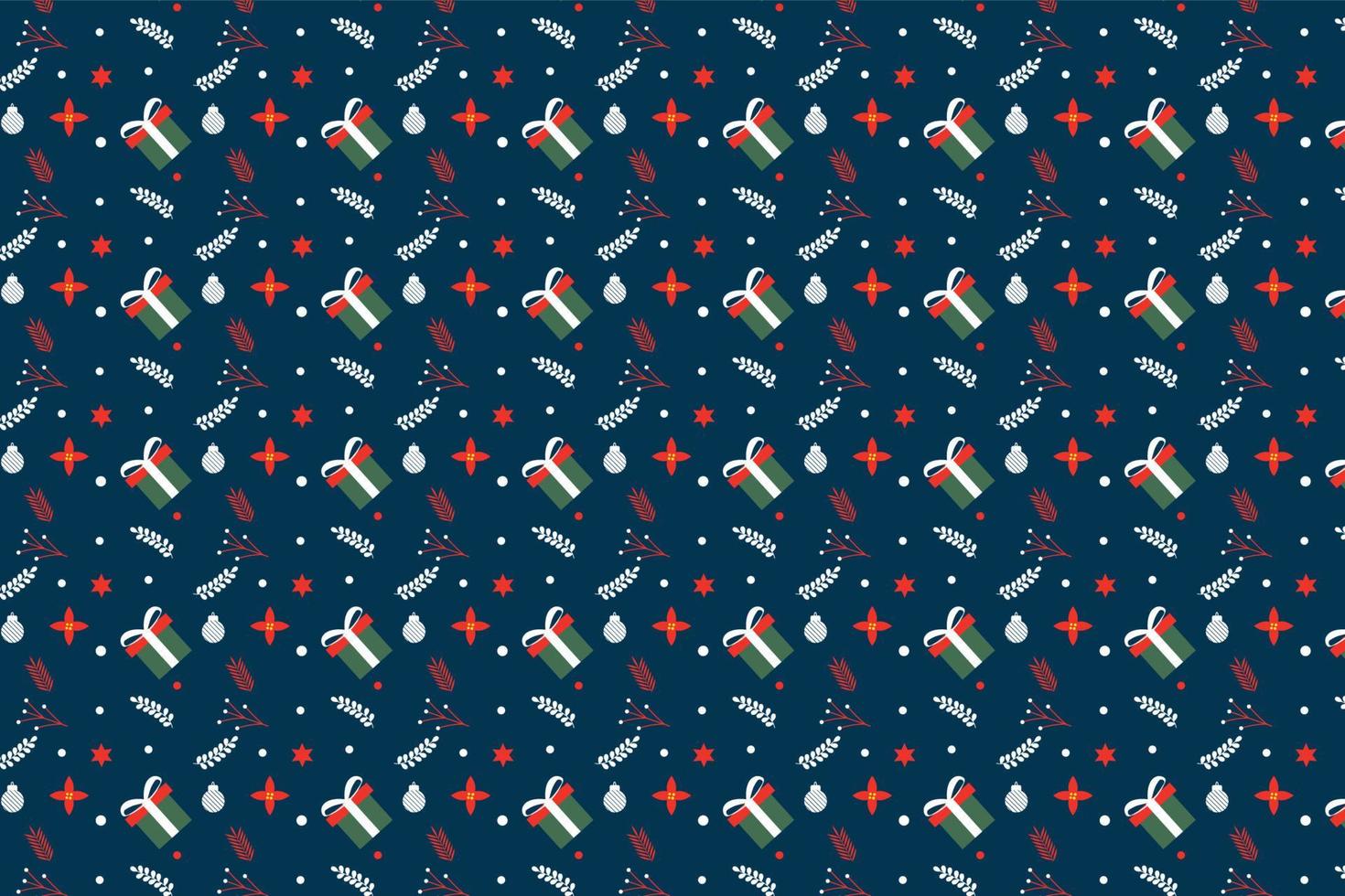 Seamless abstract pattern decoration for Christmas event. Xmas minimal pattern design with gifts and leaves icon. Christmas element pattern vector on dark background for bed sheets and wallpapers.