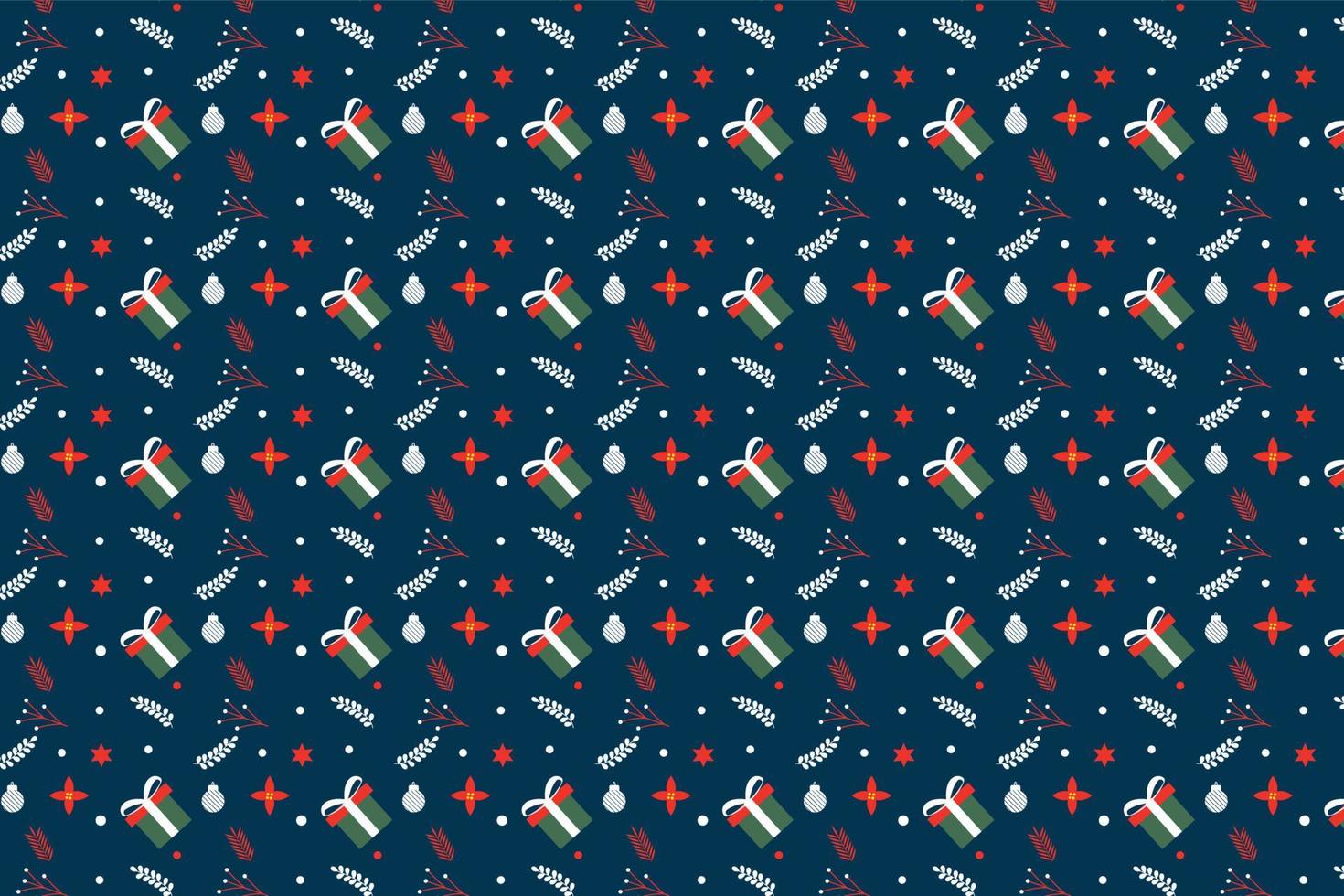 Seamless abstract pattern decoration for Christmas event. Xmas minimal pattern design with gifts and leaves icon. Christmas element pattern vector on dark background for bed sheets and wallpapers.