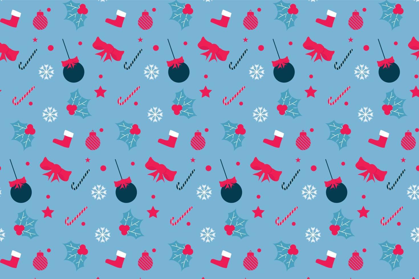 Creative seamless Christmas pattern with decoration balls and red ribbons. Endless abstract pattern for bed sheets and wrapping papers. Minimal Christmas pattern vector with frosty blue background.