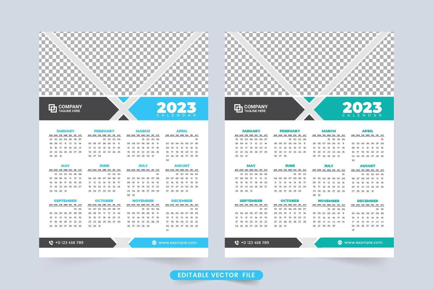 2023 business calendar and office organizer template vector. Yearly calendar design with abstract shapes. Professional business calendar vector with blue and dark colors. The week starts on Sunday.