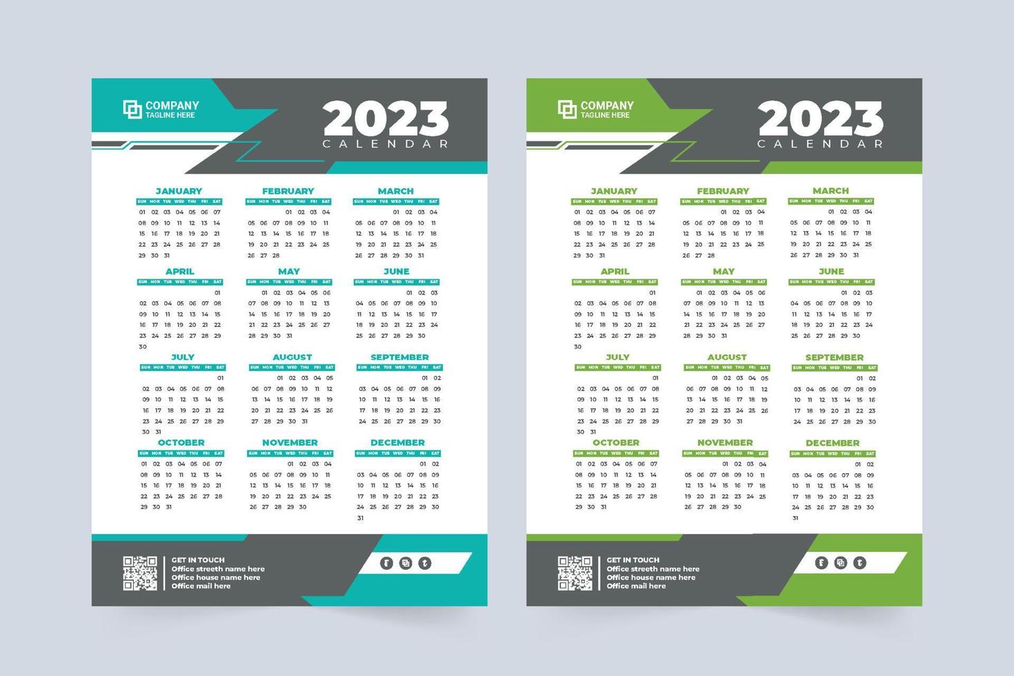 Company annual calendar for 2023 new year. Office organizer and wall calendar design with blue and green colors. 2023 Calendar vector illustration with abstract shapes. The week starts on Sunday.