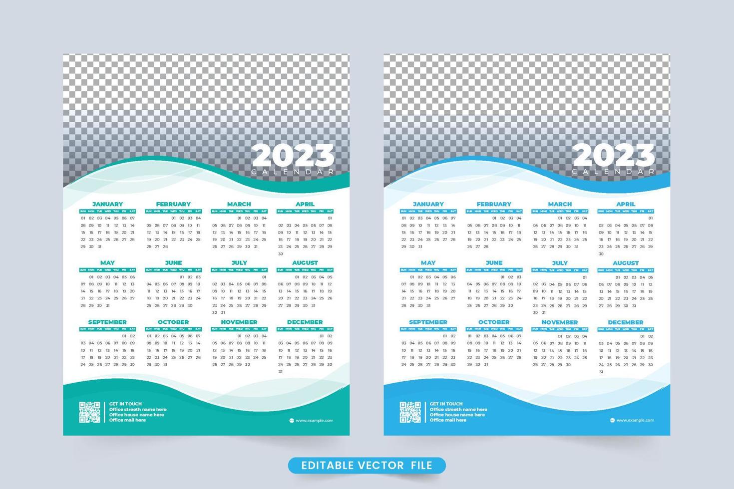 2023 weekend organizer and calendar design with abstract shapes. Yearly calendar design with blue color shade. 2023 new year calendar. Office and business organizer vector. The week starts on Sunday. vector