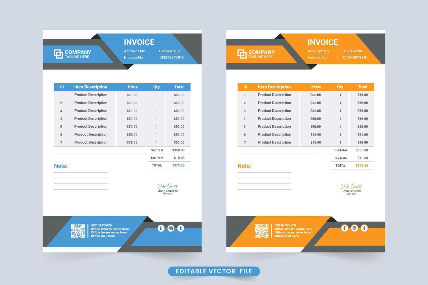 Modern business invoice template with blue and orange colors. Professional business payment receipt template design. Corporate Company cash receipt and invoice billing paper decoration. vector