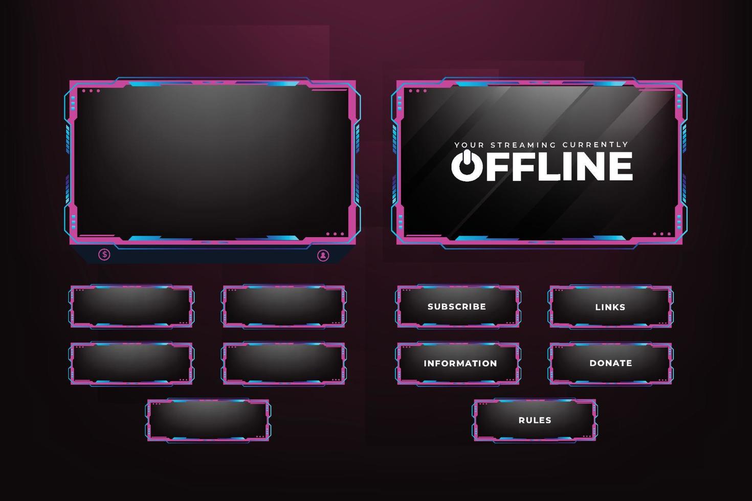 Live broadcast gaming overlay decoration with abstract shapes. Girly live streaming overlay design with buttons and screen panels. Live streaming overlay design with pink and dark colors. vector