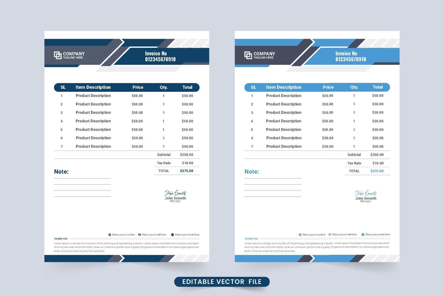 Creative corporate business invoice and price receipt vector. Invoice Template and payment agreement paper design with blue color. Professional price receipt and invoice layout vector. vector