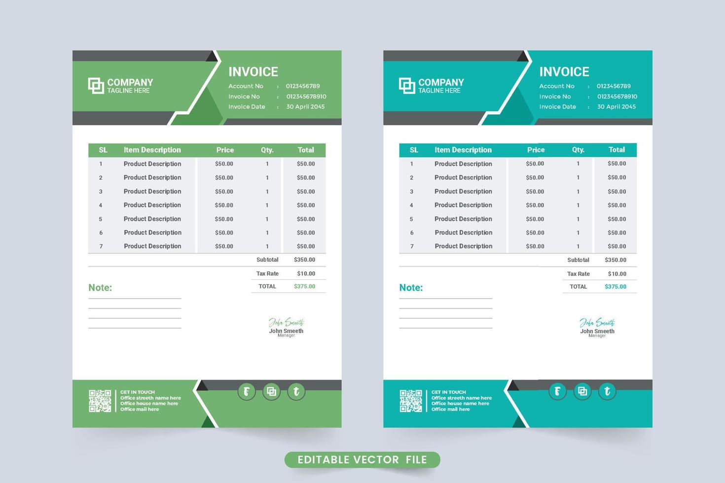 Print ready invoice template vector with green and blue colors. Creative billing paper and cash receipt design for modern business. Product purchase receipt with price and info sections.