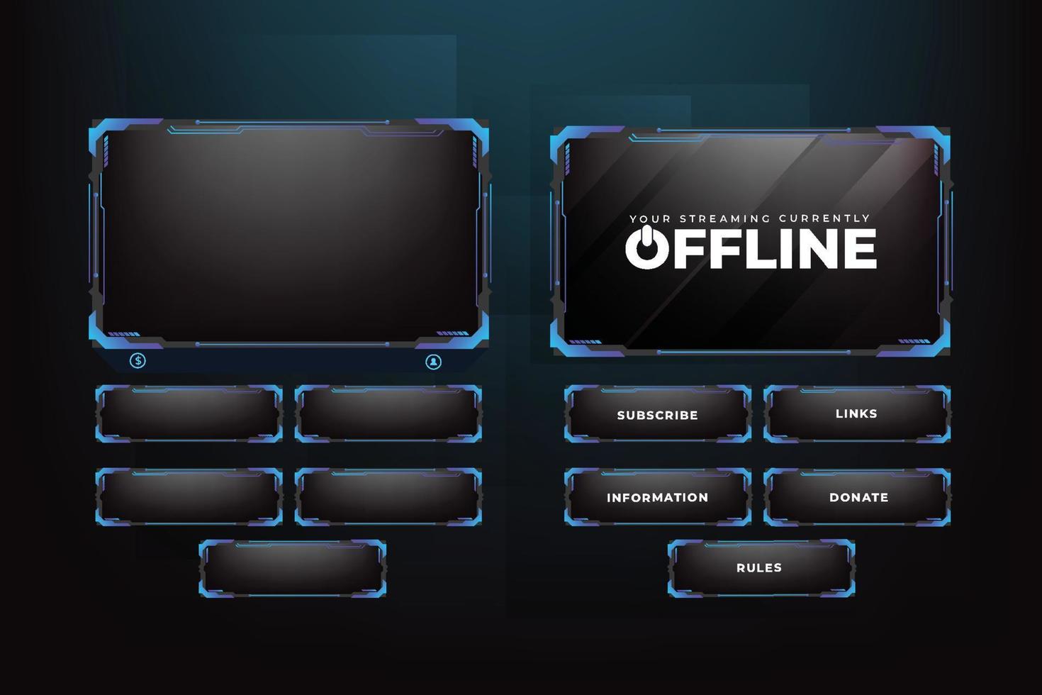 Live streaming screen panel decoration with blue and dark colors. Online gaming overlay with buttons. Abstract gaming overlay design with futuristic style and an offline screen. Digital gaming overlay vector