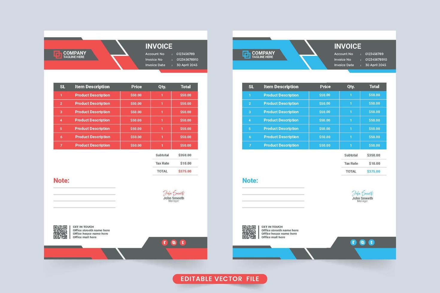Digital business invoice design with abstract shapes. Creative minimal invoice template with red and blue colors. Print ready payment agreement and billing paper decoration for corporate business. vector