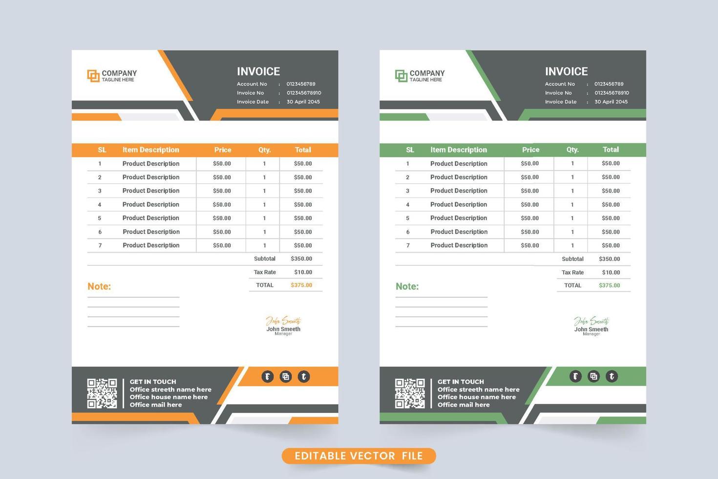 diseño de factura de recibo de pago y compra de productos creativos. plantilla de factura comercial moderna y vector de recibo de efectivo con colores amarillo y verde. plantilla de factura con secciones de precio e información.