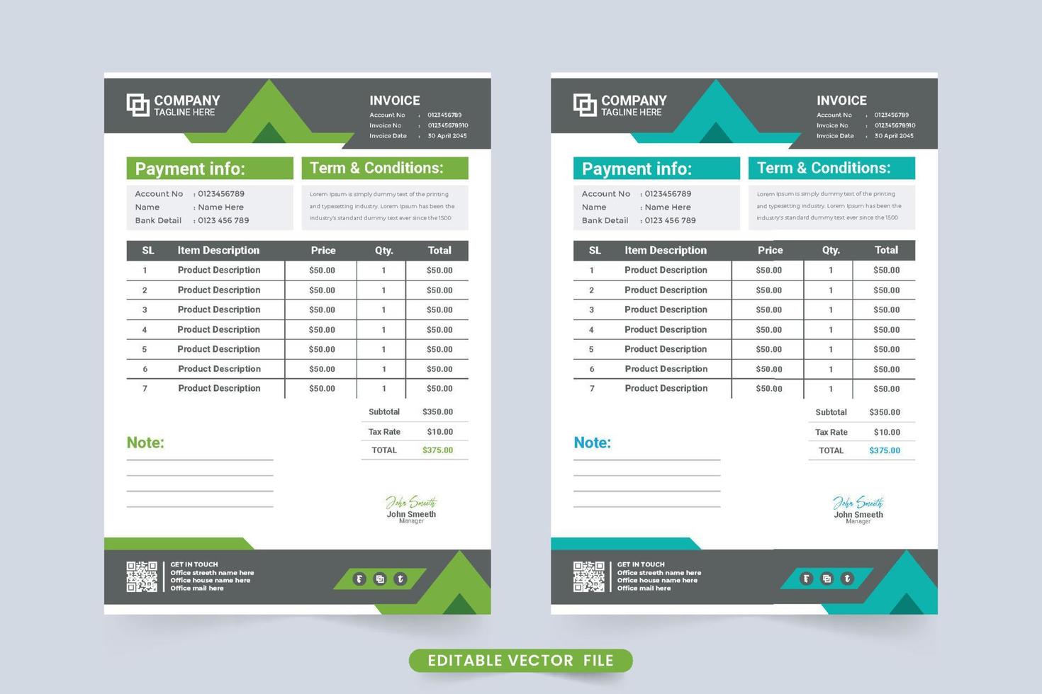 Minimal business invoice and cash receipt design with abstract shapes. Payment receipt and invoice bill template with green and blue colors. Professional business template decoration vector. vector