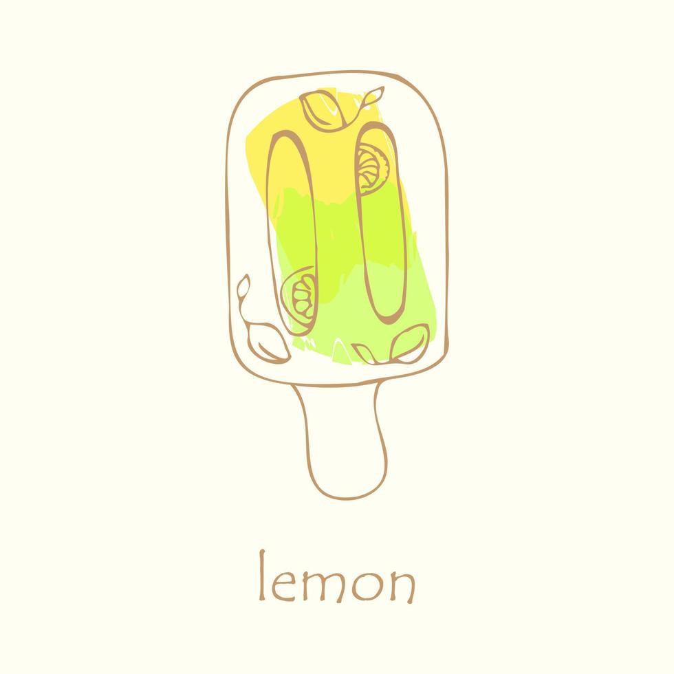 Sketch of fruit ice cream with lemon flavor. The outline is drawn by hand. Ice cream is suitable for infographics and applications, postcards, greetings, labels. vector