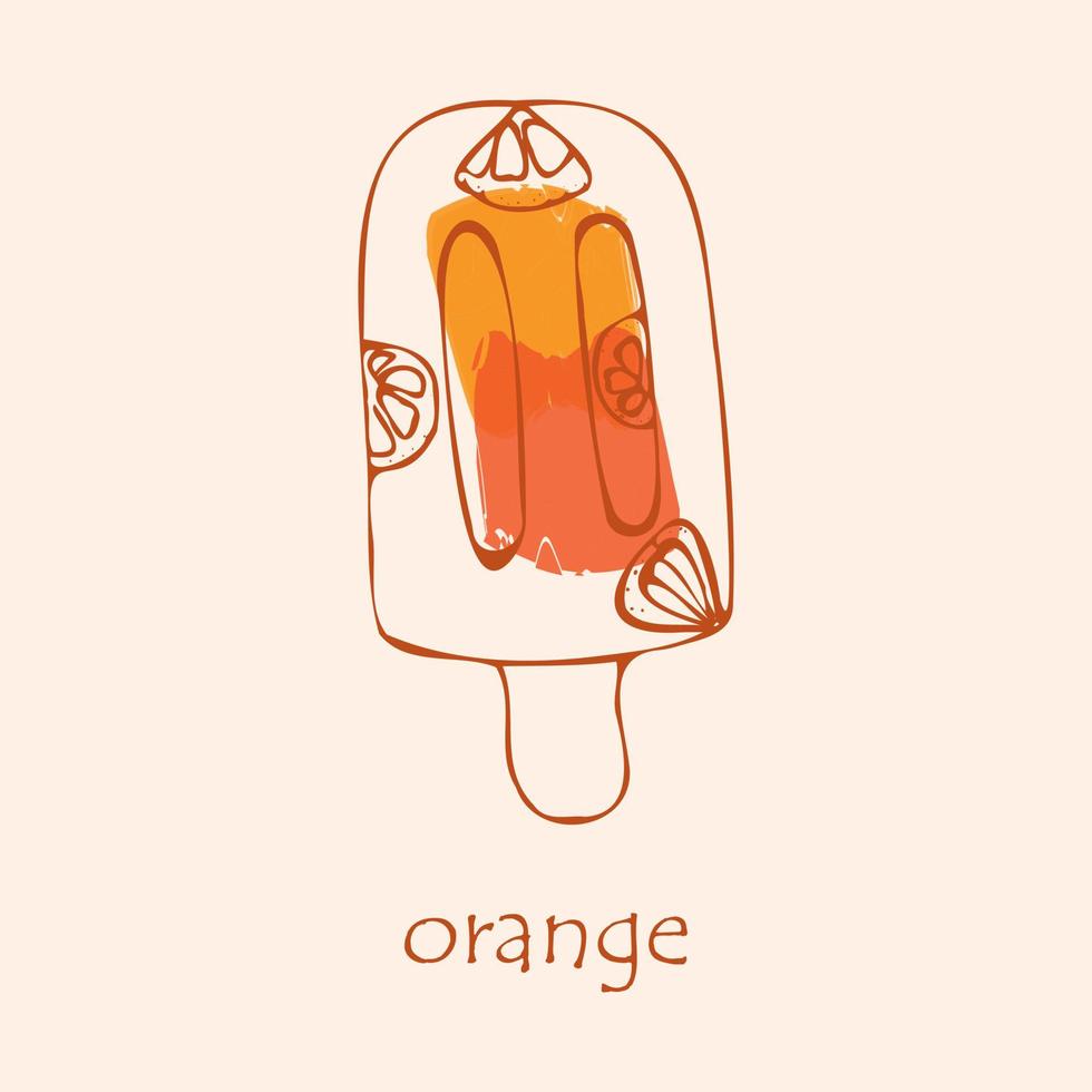 boceto de helado de frutas con sabor a naranja. el contorno se dibuja a mano. el helado es adecuado para infografías y aplicaciones, postales, saludos, etiquetas. vector