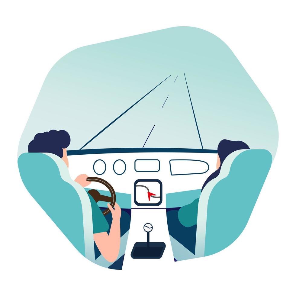 Pair of people sitting on front seats of car moving along highway. Automobile driver and passenger, back view. Road journey, ride, trip. Trendy colorful vector illustration in modern cartoon style.