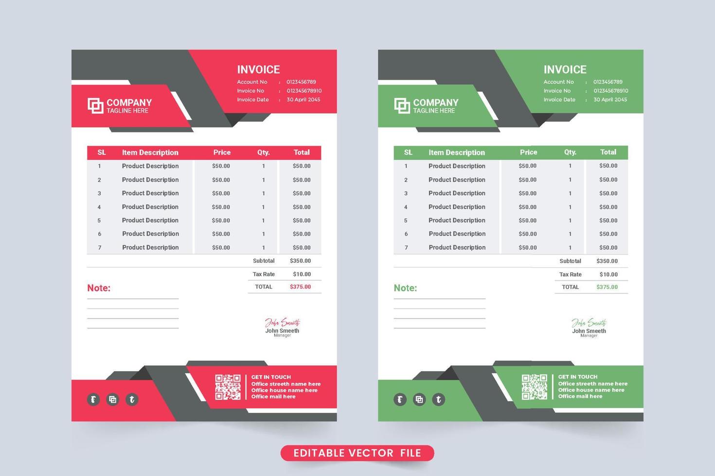 Minimal invoice template vector with red and green colors. Print ready professional invoice design for product purchase record. Product price receipt and billing paper decoration with abstract shapes.