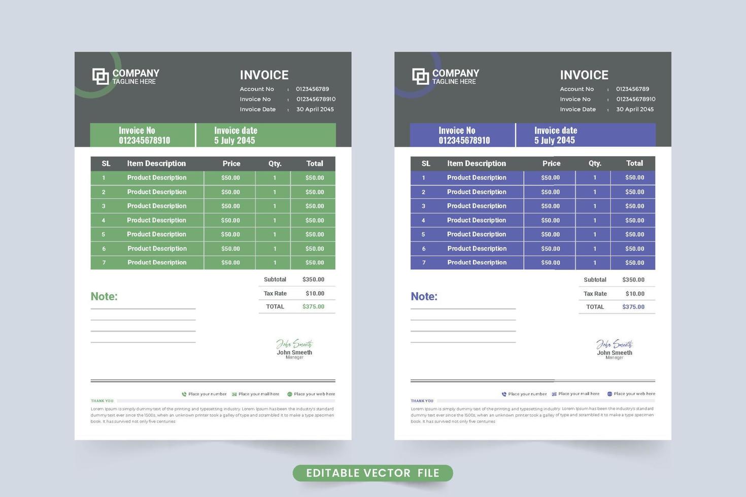 factura comercial simple y vector de recibo de compra de producto. imprima factura corporativa lista y diseño de papelería de oficina. acuerdo de pago y plantilla de factura con colores azul y verde.