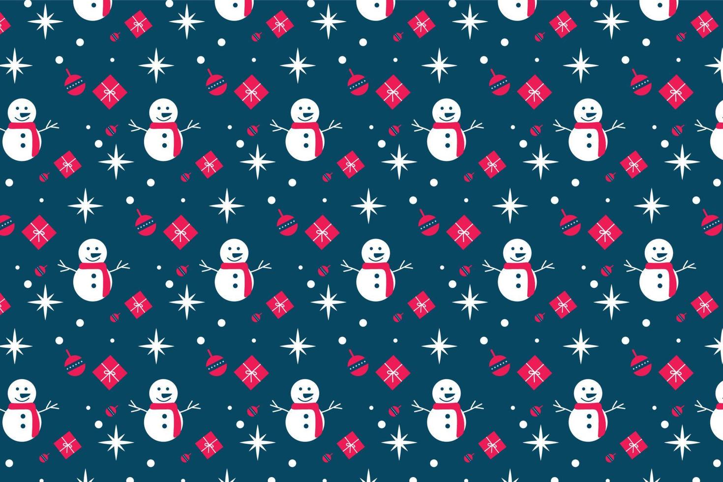 vector de patrón de fondo y papel tapiz de navidad con muñecos de nieve e iconos de regalo. diseño de patrones sin fisuras de Navidad sobre un fondo azul oscuro. textura de patrón de elemento de decoración de navidad para papeles de regalo.