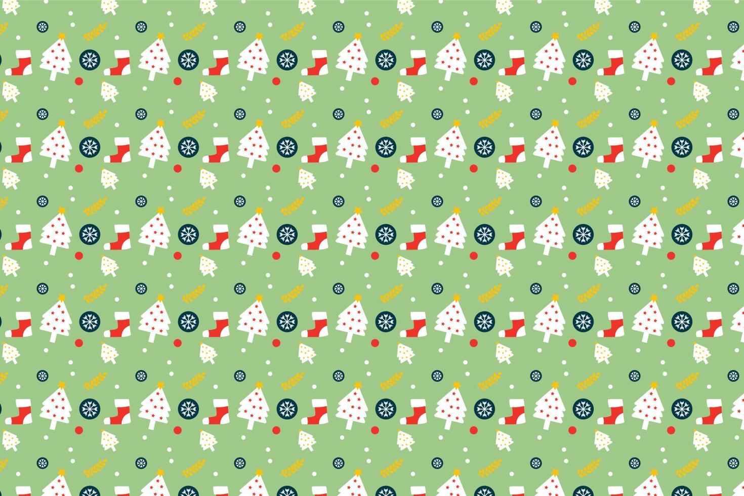 Endless pattern decoration with Christmas elements on a light green background. Christmas abstract pattern vector with socks and white pine trees. Cute Xmas pattern design for wrapping papers.