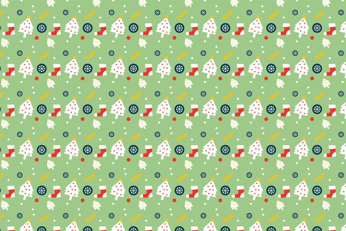 Endless pattern decoration with Christmas elements on a light green background. Christmas abstract pattern vector with socks and white pine trees. Cute Xmas pattern design for wrapping papers.