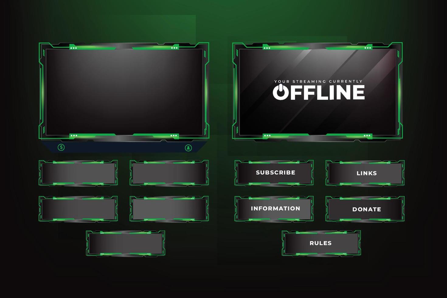 Gaming screen overlay decoration with futuristic shapes and dark color. Live gaming overlay design with buttons and screen panels. Live streaming overlay vector with green color for online gamers.