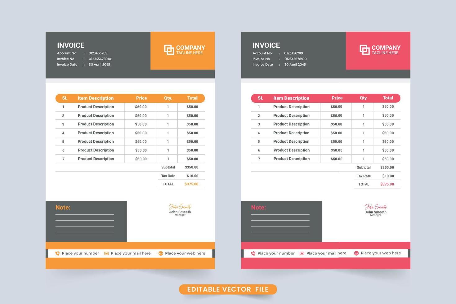 Simple business invoice and payment receipt design with red and orange colors. Professional cash receipt vector with geometric shapes. Print ready payment agreement and invoice bill template vector.