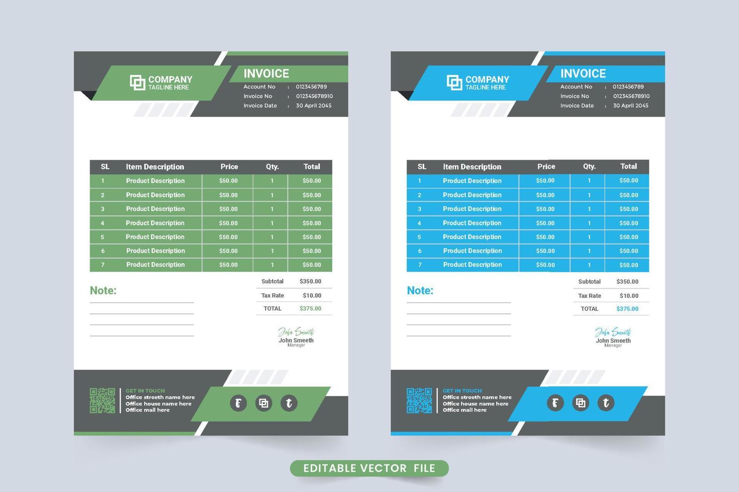 Minimalist business invoice design with abstract shapes. Professional invoice template vector with blue and green colors. Creative invoice bill and cash receipt template vector.