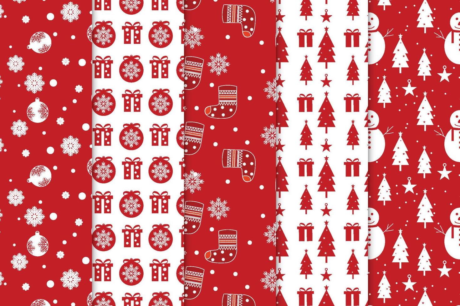 paquete de fondo de patrón navideño con fondos rojos y blancos. colección de patrones sin fisuras de navidad con bolas de decoración y calcetines. diseño de patrones abstractos para envolver papel y sábanas vector