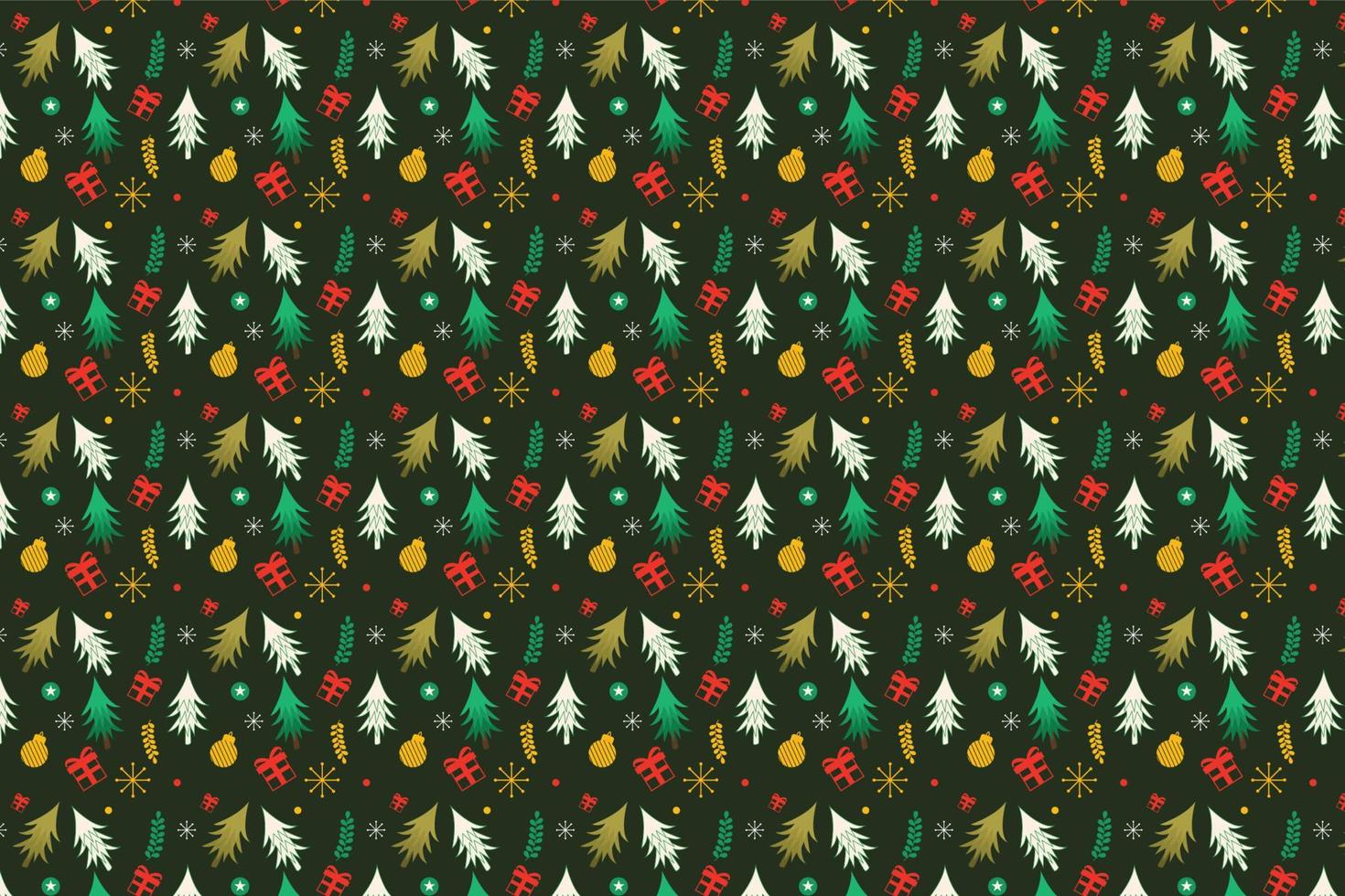 Beautiful Christmas pattern decoration with dark green background. Abstract pattern vector with pine tree and decoration balls for Christmas. Xmas seamless pattern design for Book cover and wallpaper.