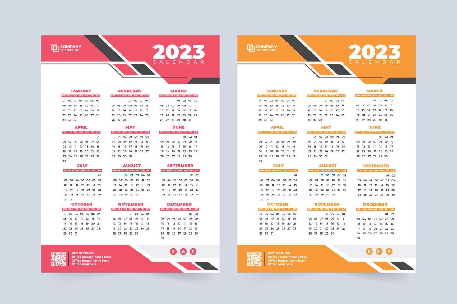 diseño moderno de calendario 2023 con colores rojo y amarillo. organizador de oficina y decoración de calendario de pared con formas digitales. vector de plantilla de calendario anual de empresa comercial. la semana comienza el domingo.